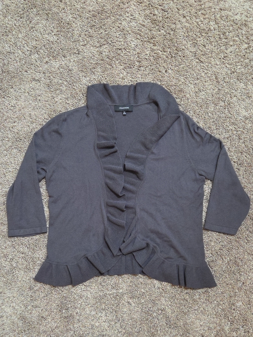 JonesWear Women's Charcoal Gray Ruffle-Front Open Cardigan Size Medium